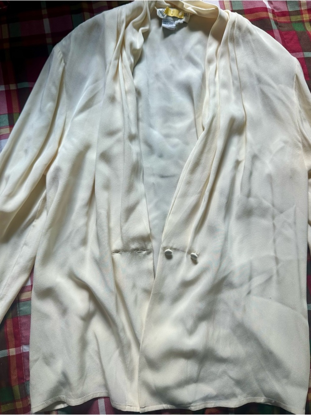 Elegant Cream Draped Open-Front Blouse with Long Sleeves